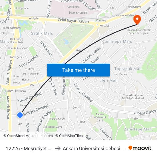 12226 - Meşrutiyet Caddesi to Ankara Üniversitesi Cebeci Yerleşkesi map
