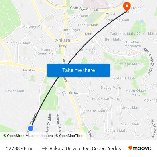 12238 - Emniyet to Ankara Üniversitesi Cebeci Yerleşkesi map
