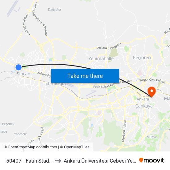 50407 - Fatih Stadyumu to Ankara Üniversitesi Cebeci Yerleşkesi map