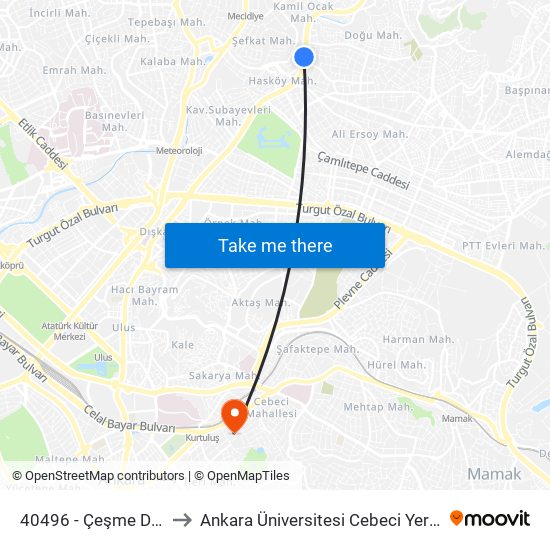 40496 - Çeşme Durağı to Ankara Üniversitesi Cebeci Yerleşkesi map