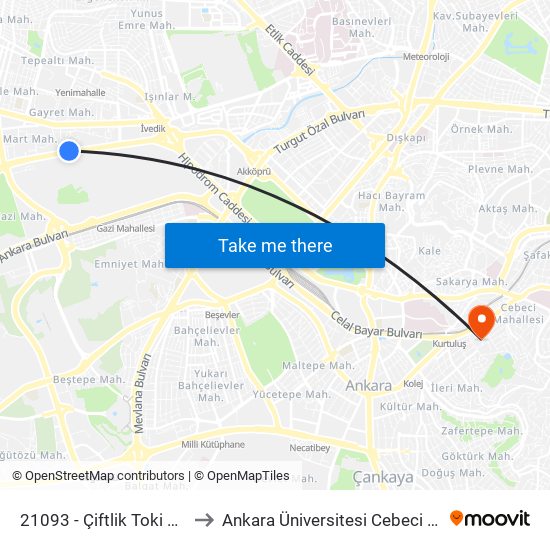 21093 - Çiftlik Toki Konutları to Ankara Üniversitesi Cebeci Yerleşkesi map