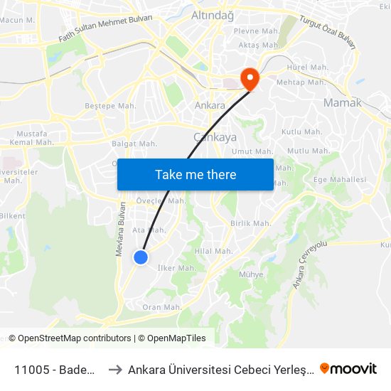 11005 - Bademlik to Ankara Üniversitesi Cebeci Yerleşkesi map