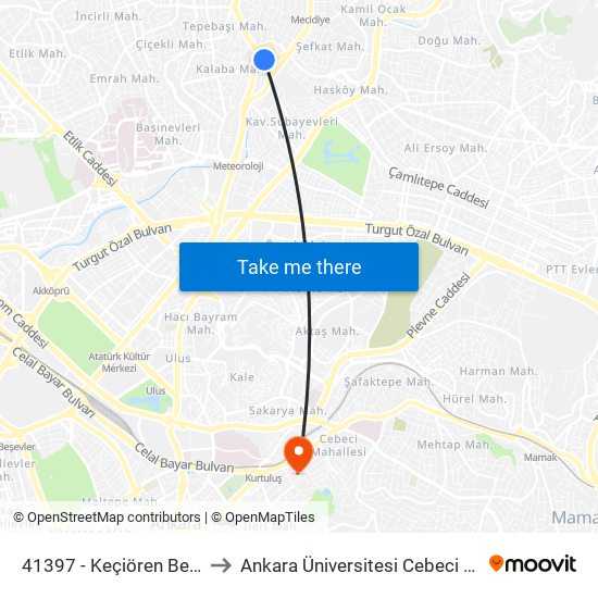 41397 - Keçiören Belediyesi to Ankara Üniversitesi Cebeci Yerleşkesi map