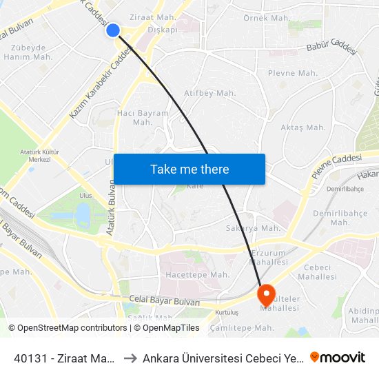 40131 - Ziraat Mahallesi to Ankara Üniversitesi Cebeci Yerleşkesi map