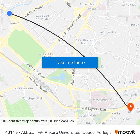 40119 - Akköprü to Ankara Üniversitesi Cebeci Yerleşkesi map