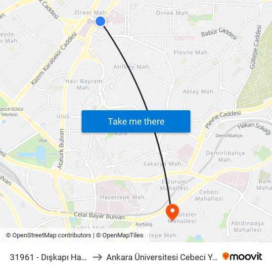 31961 - Dışkapı Hastanesi to Ankara Üniversitesi Cebeci Yerleşkesi map