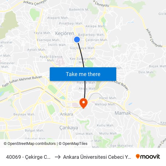 40069 - Çekirge Caddesi to Ankara Üniversitesi Cebeci Yerleşkesi map