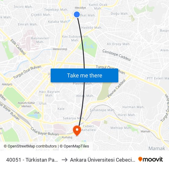 40051 - Türkistan Parkı Durağı to Ankara Üniversitesi Cebeci Yerleşkesi map