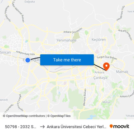 50798 - 2032 Sokak to Ankara Üniversitesi Cebeci Yerleşkesi map