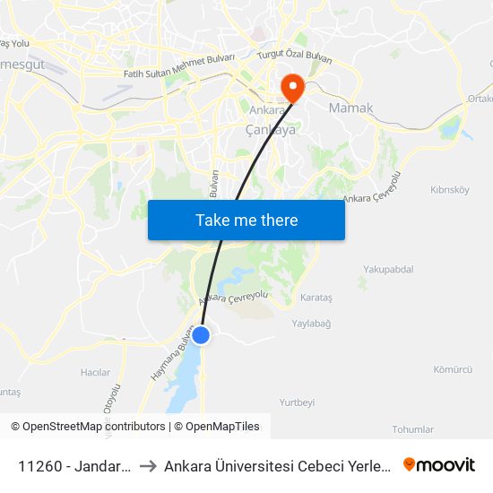 11260 - Jandarma to Ankara Üniversitesi Cebeci Yerleşkesi map