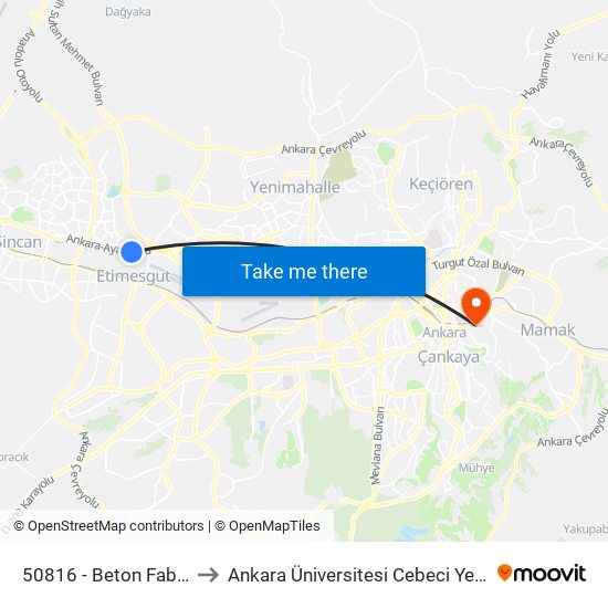 50816 - Beton Fabrikası to Ankara Üniversitesi Cebeci Yerleşkesi map