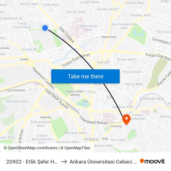 20902 - Etlik Şehir Hastanesi to Ankara Üniversitesi Cebeci Yerleşkesi map