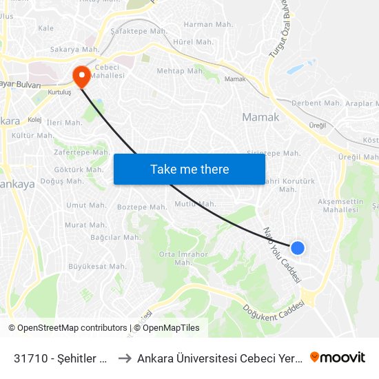 31710 - Şehitler Camii to Ankara Üniversitesi Cebeci Yerleşkesi map