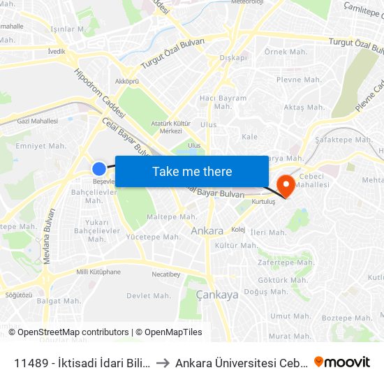 11489 - İktisadi İdari Bilimler Fakültesi to Ankara Üniversitesi Cebeci Yerleşkesi map
