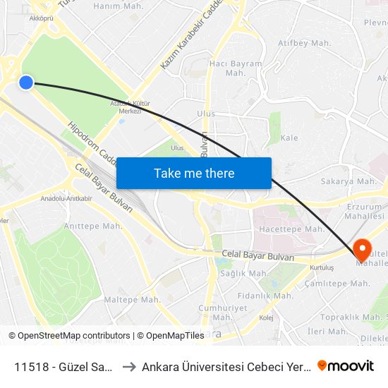 11518 - Güzel Sanatlar to Ankara Üniversitesi Cebeci Yerleşkesi map