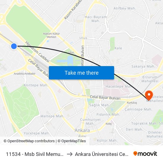 11534 - Msb Sivil Memur Misafirhanesi to Ankara Üniversitesi Cebeci Yerleşkesi map