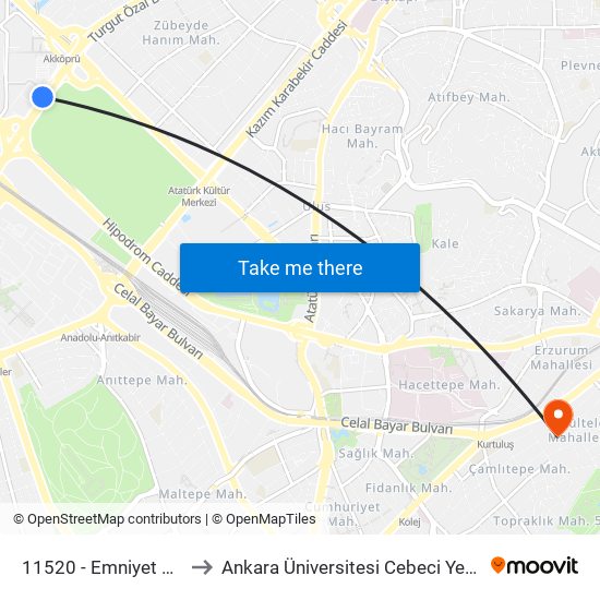 11520 - Emniyet Sarayı to Ankara Üniversitesi Cebeci Yerleşkesi map