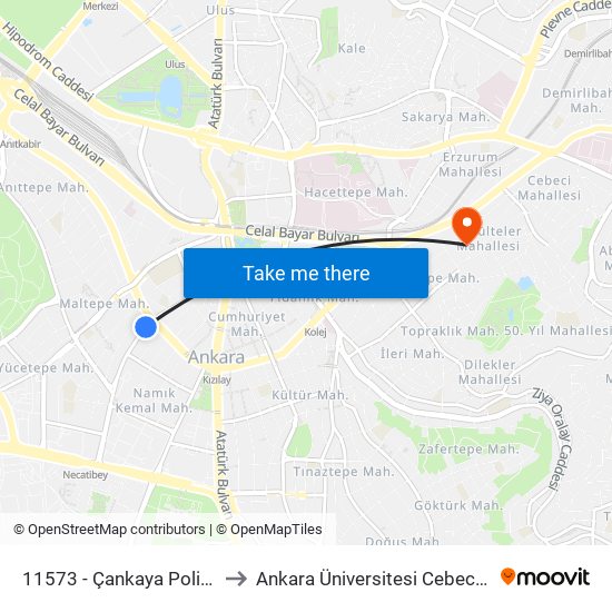 11573 - Çankaya Polis Merkezi to Ankara Üniversitesi Cebeci Yerleşkesi map