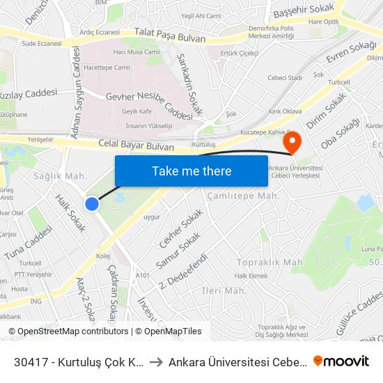 30417 - Kurtuluş Çok Katlı Otopark to Ankara Üniversitesi Cebeci Yerleşkesi map