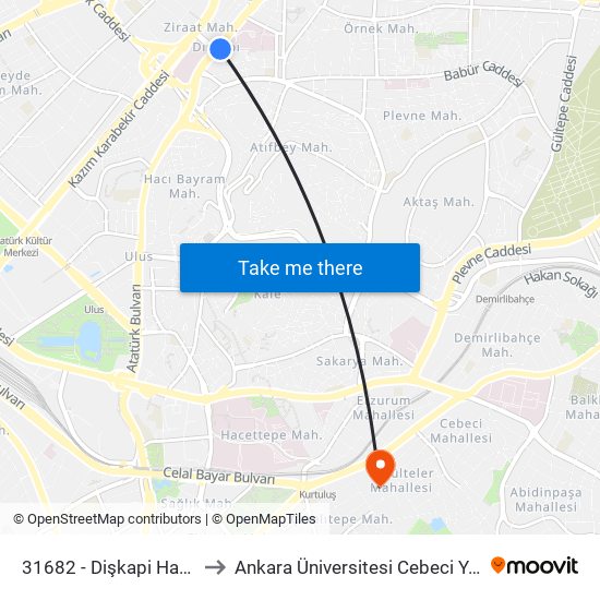 31682 - Dişkapi Hastanesi to Ankara Üniversitesi Cebeci Yerleşkesi map