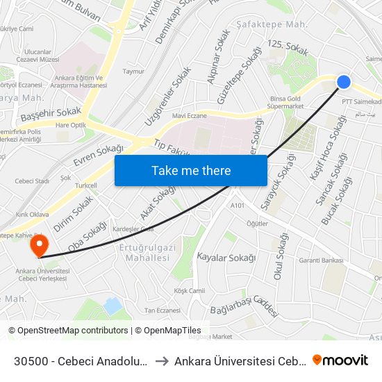 30500 - Cebeci Anadolu Meslek Lisesi to Ankara Üniversitesi Cebeci Yerleşkesi map