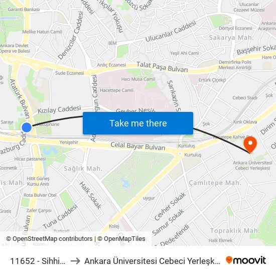 11652 - Sihhiye to Ankara Üniversitesi Cebeci Yerleşkesi map