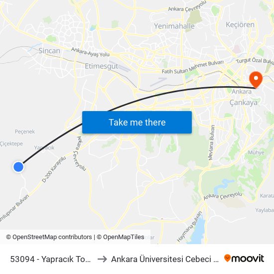 53094 - Yapracık Toki 2.Etap to Ankara Üniversitesi Cebeci Yerleşkesi map