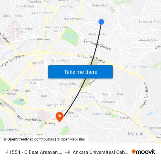 41554 - C.Esat Arseven Cd.184/4 Sk. to Ankara Üniversitesi Cebeci Yerleşkesi map