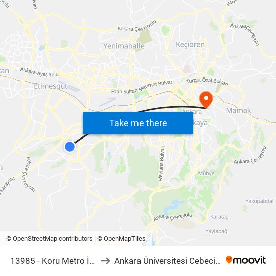 13985 - Koru Metro İstasyonu to Ankara Üniversitesi Cebeci Yerleşkesi map