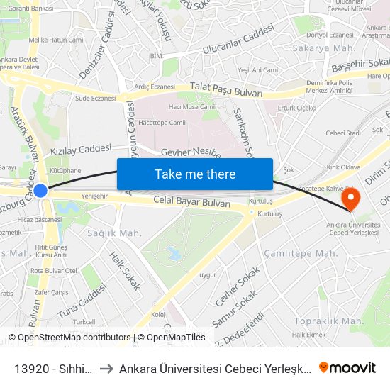 13920 - Sıhhiye to Ankara Üniversitesi Cebeci Yerleşkesi map