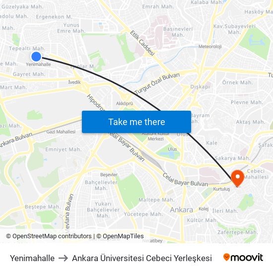 Yenimahalle to Ankara Üniversitesi Cebeci Yerleşkesi map