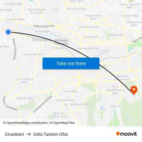 Elvankent to Odtü Tanıtım Ofisi map