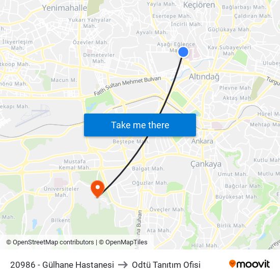 20986 - Gülhane Hastanesi to Odtü Tanıtım Ofisi map