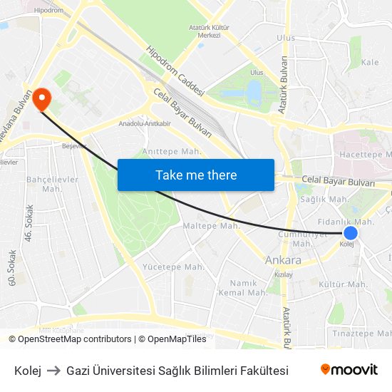 Kolej to Gazi Üniversitesi Sağlık Bilimleri Fakültesi map