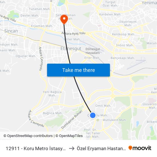 12911 - Koru Metro İstasyonu to Özel Eryaman Hastanesi map