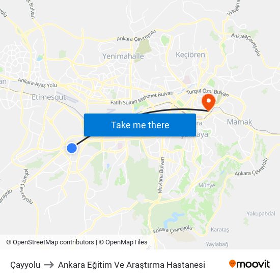 Çayyolu to Ankara Eğitim Ve Araştırma Hastanesi map