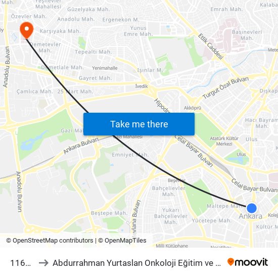 11614 - Kızılay to Abdurrahman Yurtaslan Onkoloji Eğitim ve Araştırma Hastanesi Faz 1 Kanser Klinik Araştırma Merkezi map