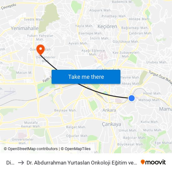 Dikimevi to Dr. Abdurrahman Yurtaslan Onkoloji Eğitim ve Araştırma Hastanesi (A. Yurtaslan Onk. Eğt. ve Arş. Hs map