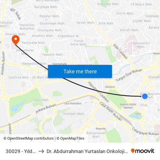 30029 - Yıldırım Beyazıt Vergi Dairesi to Dr. Abdurrahman Yurtaslan Onkoloji Eğitim ve Araştırma Hastanesi (A. Yurtaslan Onk. Eğt. ve Arş. Hs map
