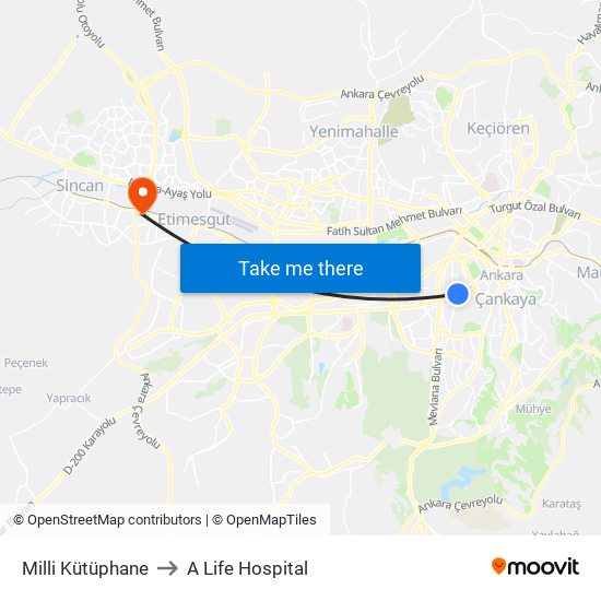 Milli Kütüphane to A Life Hospital map