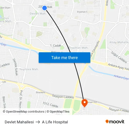 Devlet Mahallesi to A Life Hospital map