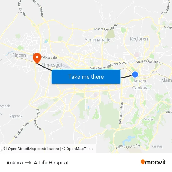 Ankara to A Life Hospital map