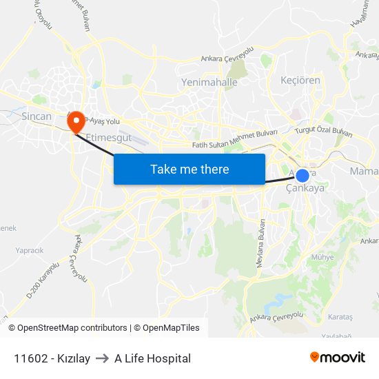 11602 - Kızılay to A Life Hospital map