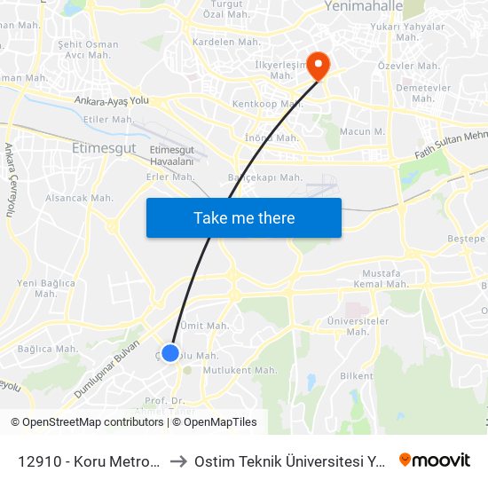 12910 - Koru Metro İstasyonu to Ostim Teknik Üniversitesi Yerleşke Binası map