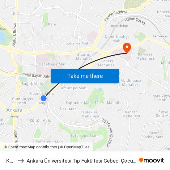 Kolej to Ankara Üniversitesi Tıp Fakültesi Cebeci Çocuk Hastanesi map