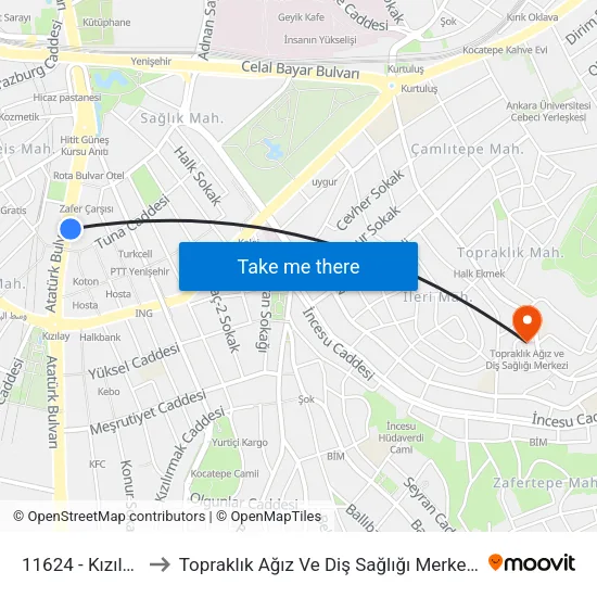 11624 - Kızılay to Topraklık Ağız Ve Diş Sağlığı Merkezi map