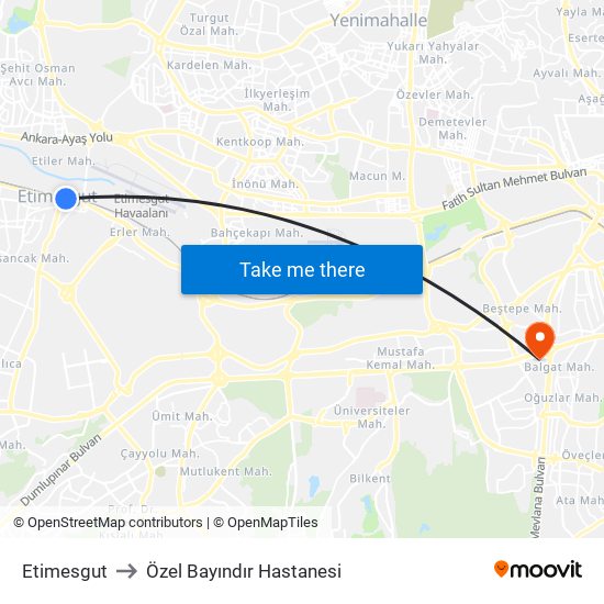 Etimesgut to Özel Bayındır Hastanesi map