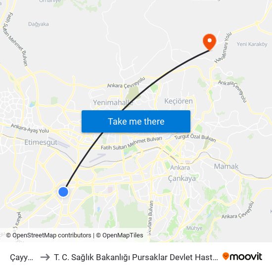 Çayyolu to T. C. Sağlık Bakanlığı Pursaklar Devlet Hastanesi map