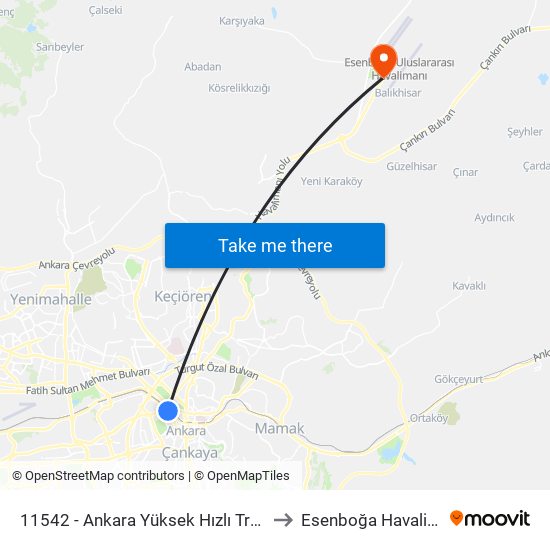 11542 - Ankara Yüksek Hızlı Tren Garı to Esenboğa Havalimanı map