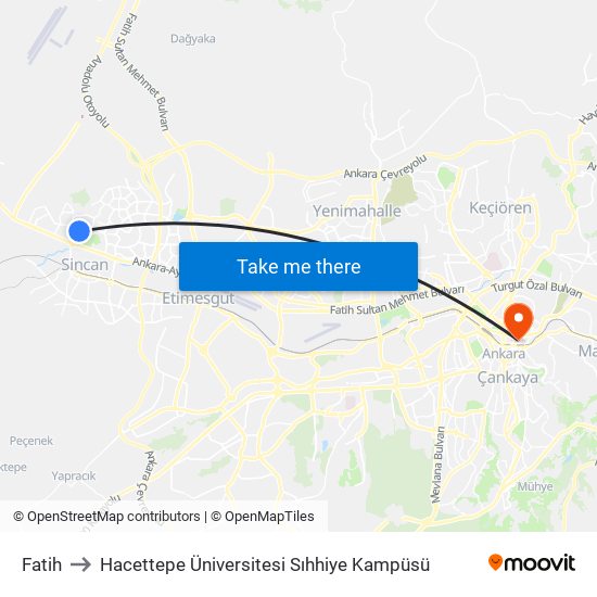 Fatih to Hacettepe Üniversitesi Sıhhiye Kampüsü map